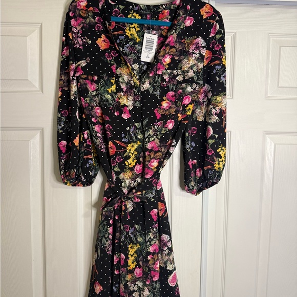 torrid Dresses & Skirts - torrid Black Floral Wrap Midi Dress with Pink & Yellow Blooms